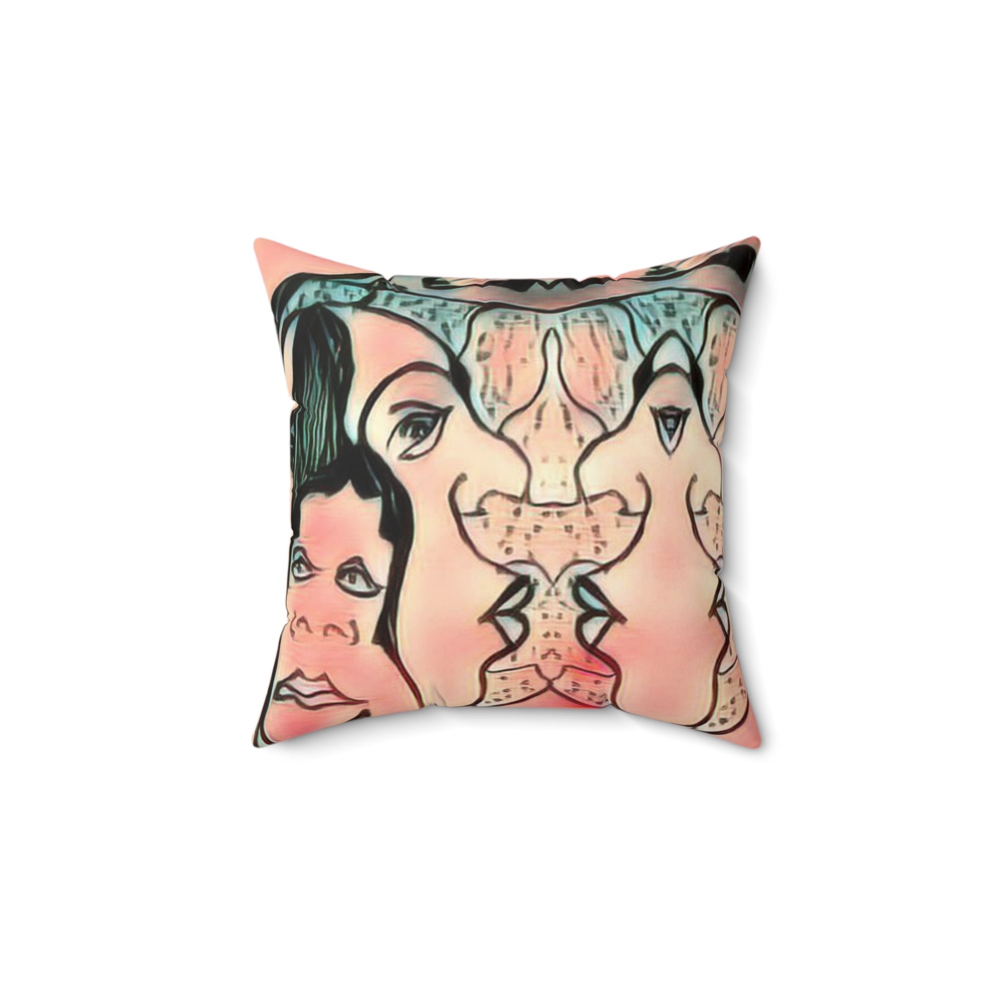 Abstract Retro Faces Throw Pillow — Pink Surrealist Decorative Cushion