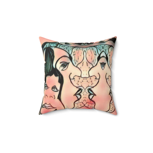 Abstract Retro Faces Throw Pillow — Pink Surrealist Decorative Cushion