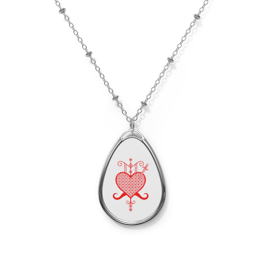 Heart  Danto Filigree Oval Necklace — Silver Teardrop Pendant with Red Heart Design
