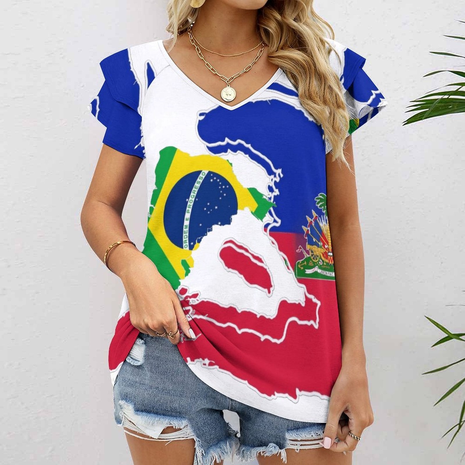 Women's Ruffle Sleeve V-Neck T-Shirt