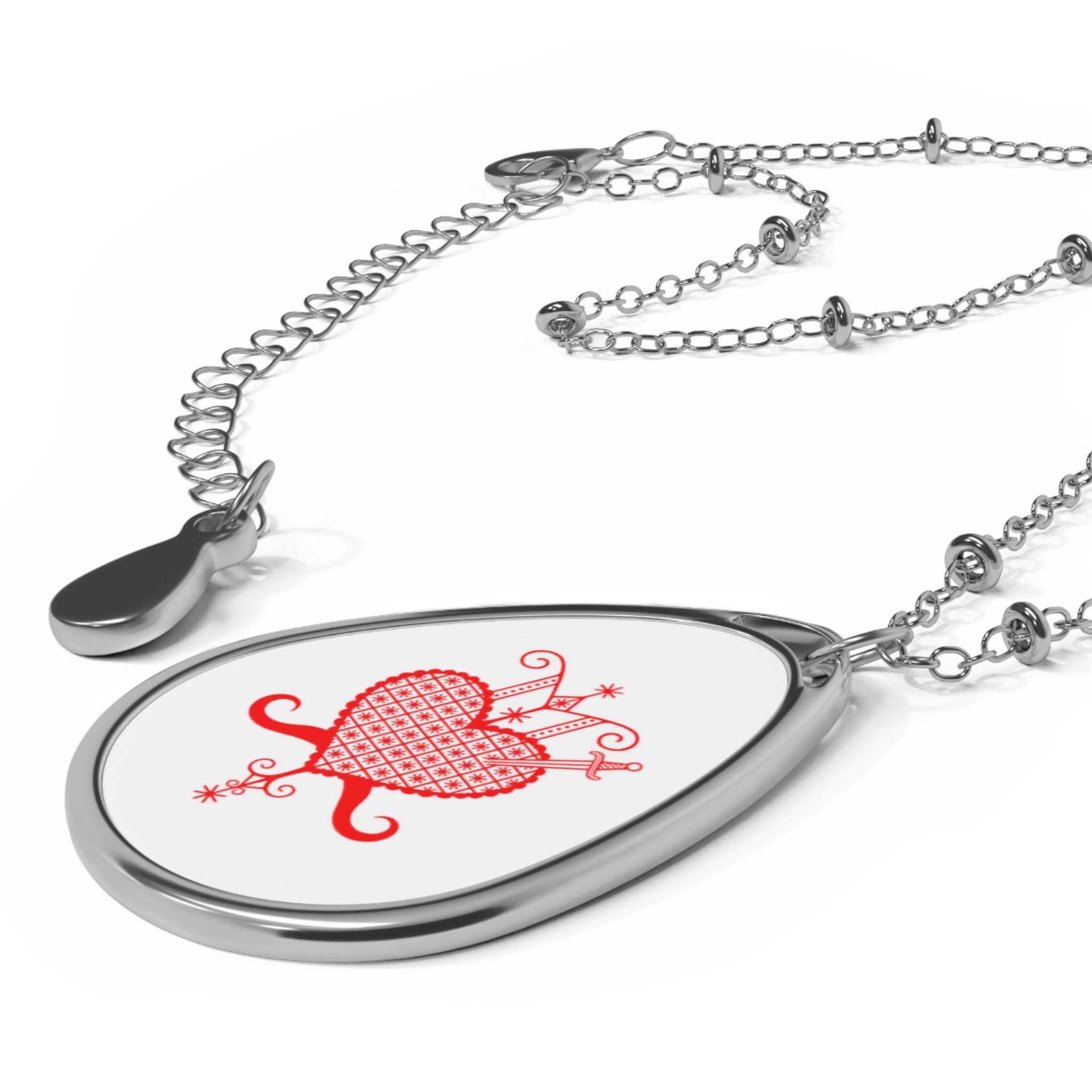 Heart  Danto Filigree Oval Necklace — Silver Teardrop Pendant with Red Heart Design