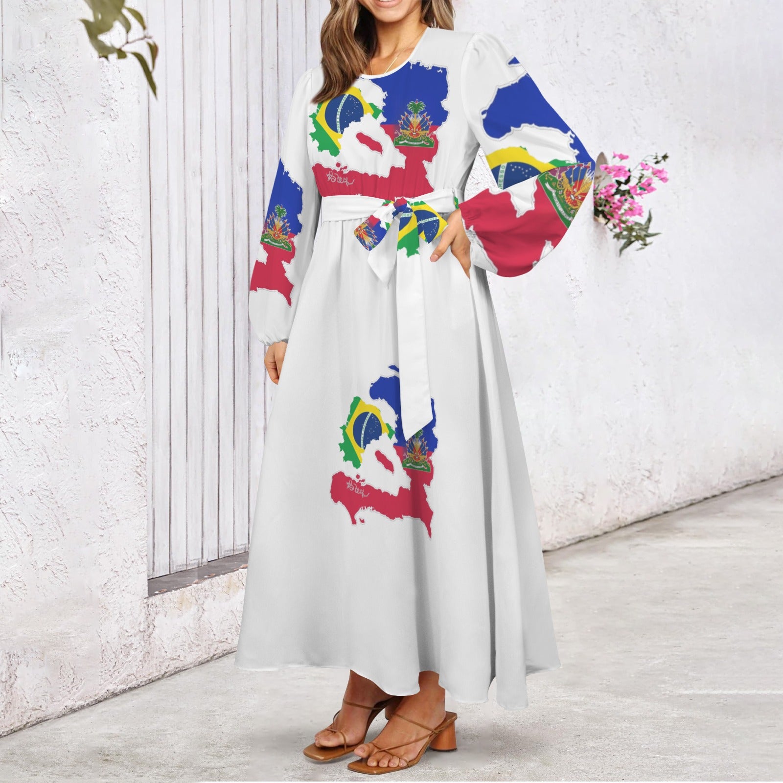 Brazil Bel Round Neck Long Sleeve Belted Maxi Dress