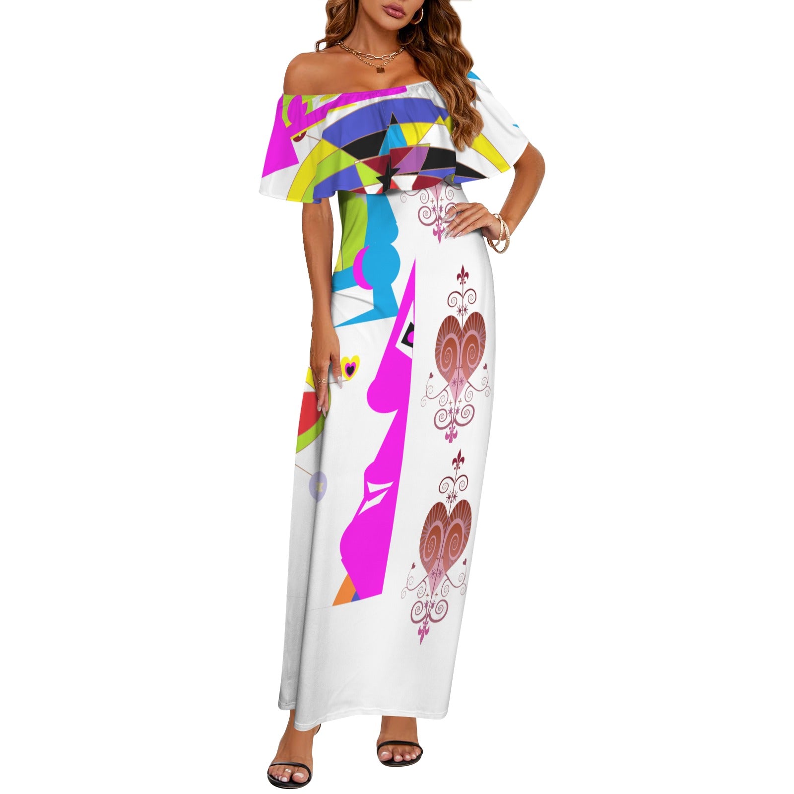 Ezbelli Women's Off Shoulder Ruffle Boat Neck Dress (Model D71)
