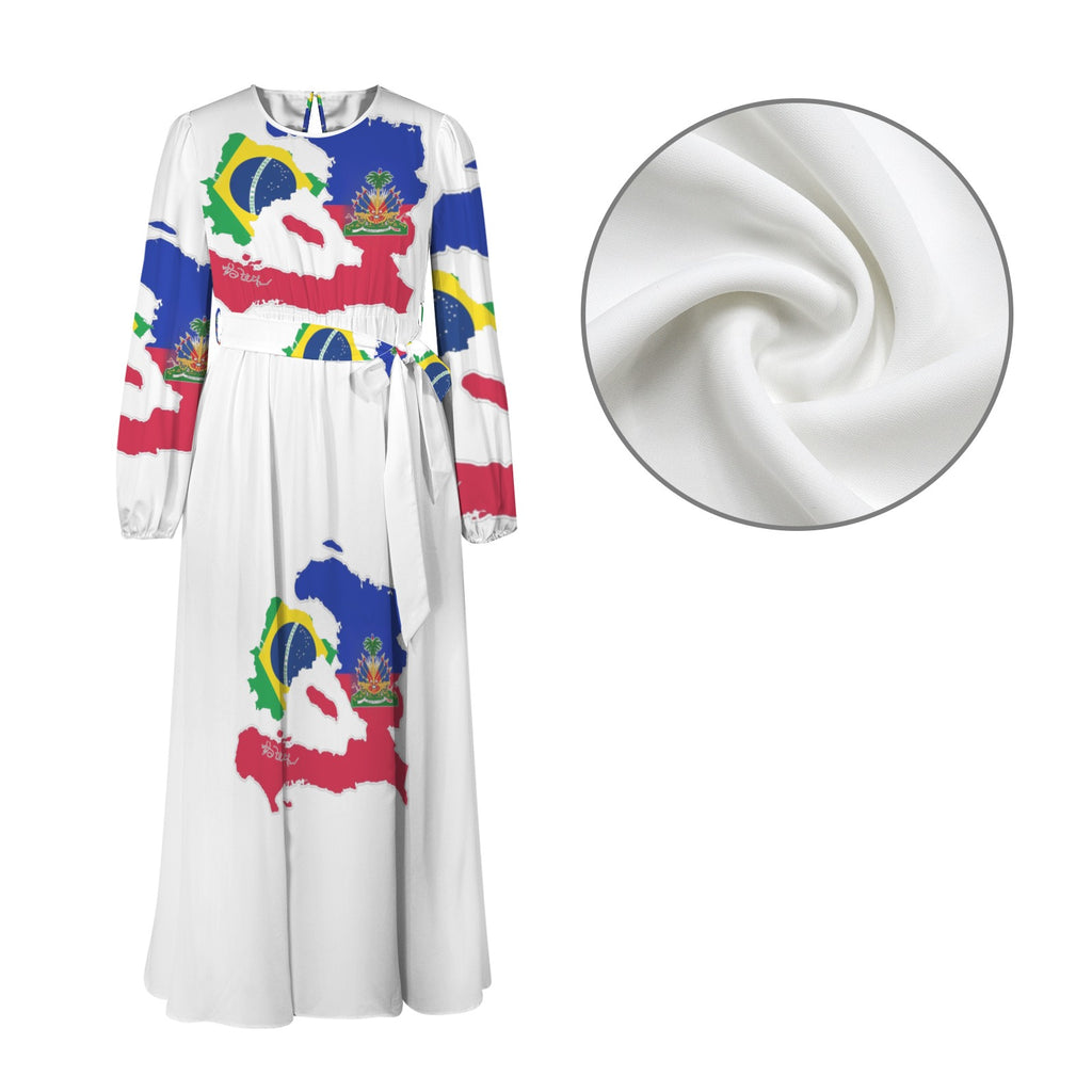 Brazil Bel Round Neck Long Sleeve Belted Maxi Dress