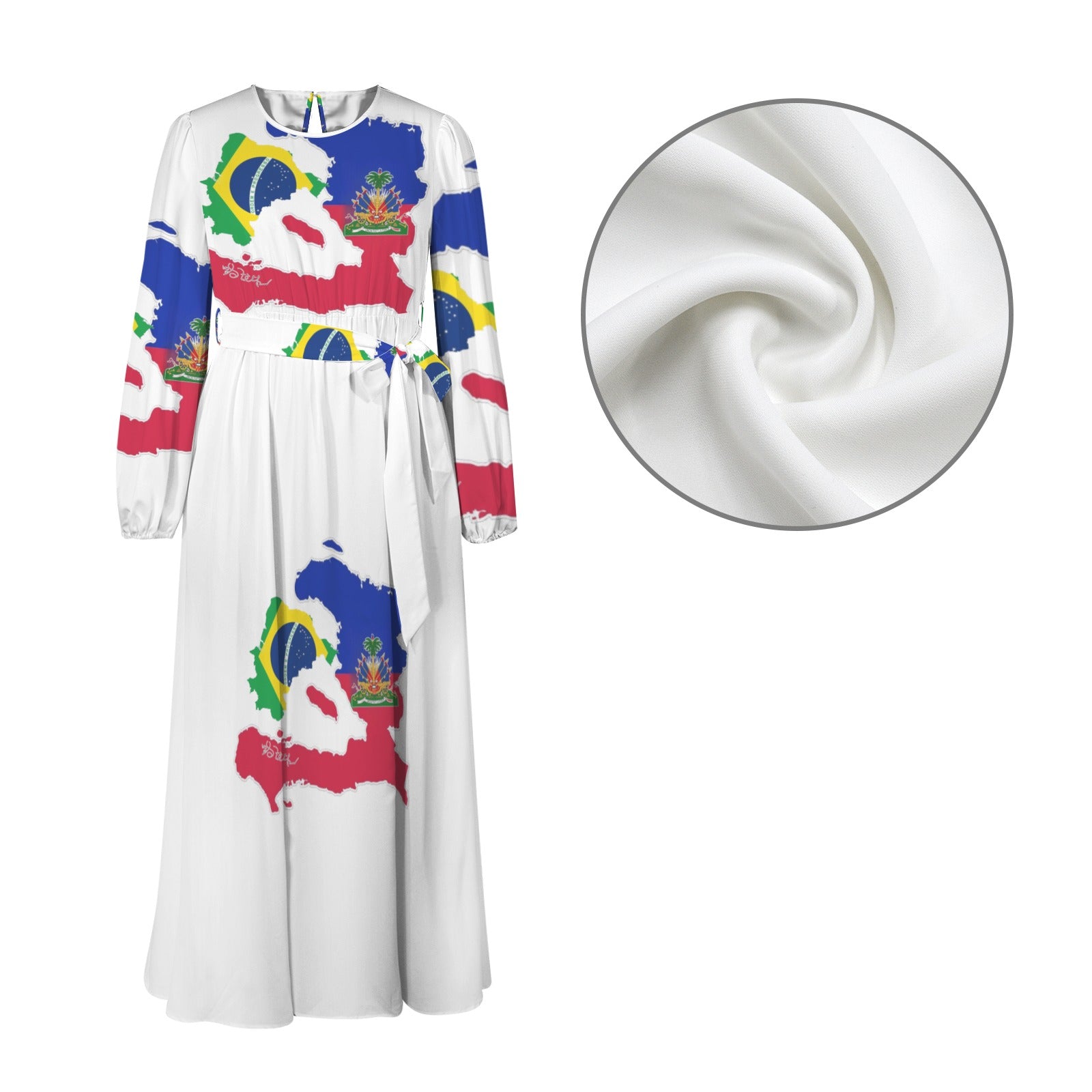 Brazil Bel Round Neck Long Sleeve Belted Maxi Dress