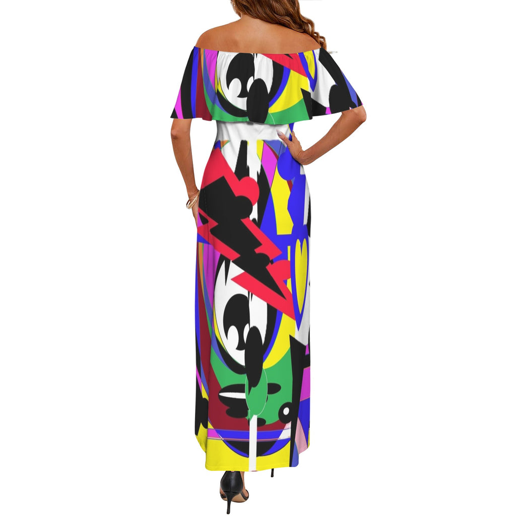 Pwav Long Rad Women's Off Shoulder Ruffle Boat Neck Dress (Model D71)