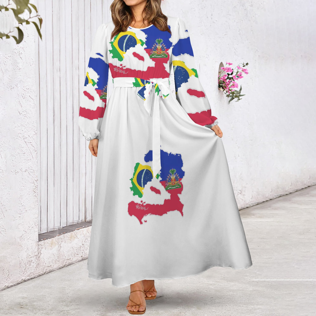 Brazil Bel Round Neck Long Sleeve Belted Maxi Dress