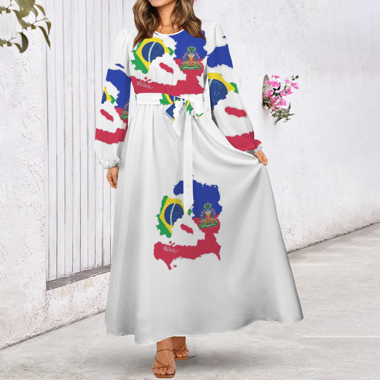 Brazil Bel Round Neck Long Sleeve Belted Maxi Dress