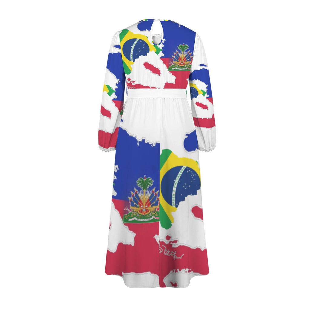 Brazil Bel Round Neck Long Sleeve Belted Maxi Dress